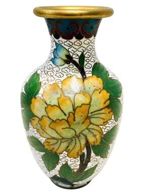 Vintage 60’s Chinese Cloisonné White Yellow Peony Floral Bird Enamel Brass Vase